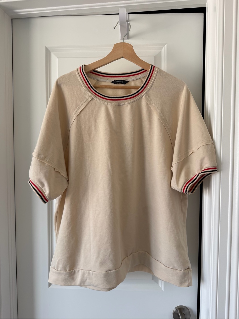 Cream Short-Sleeve Sweatshirt with Red and Black Stripe Trim
